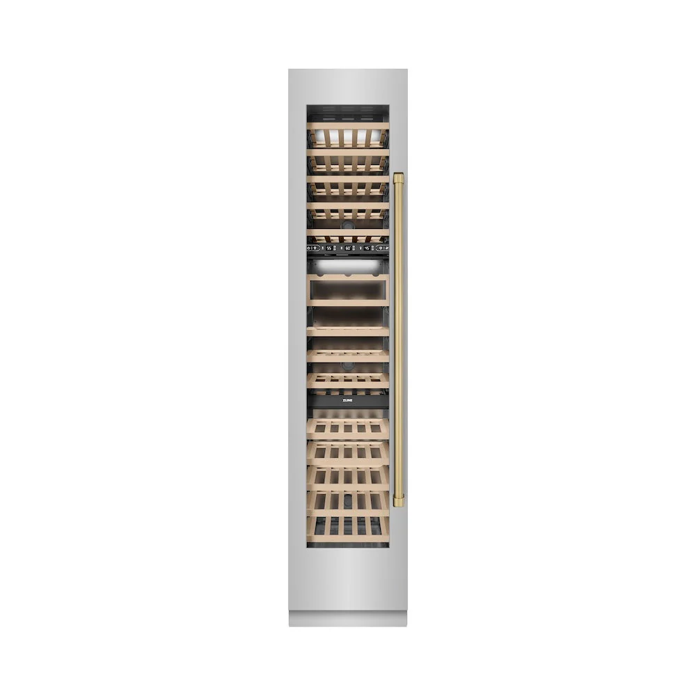 ZLINE Autograph Edition 18 in. 9.0 cu. ft. Triple Zone 68 Bottle Left Hinge Column Wine Cooler in Stainless Steel with Champagne Bronze Accents (RCWVLZ-30418-CB) - Image 4