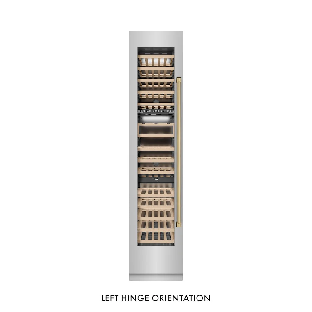 ZLINE Autograph Edition 18 in. 9.0 cu. ft. Triple Zone 68 Bottle Left Hinge Column Wine Cooler in Stainless Steel with Champagne Bronze Accents (RCWVLZ-30418-CB) - Image 5