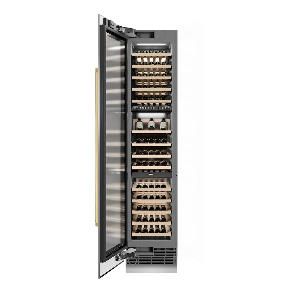 ZLINE Autograph Edition 18 in. 9.0 cu. ft. Triple Zone 68 Bottle Left Hinge Column Wine Cooler in Stainless Steel with Polished Gold Accents (RCWVLZ-30418-G) - Image 3