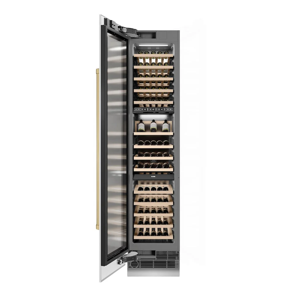 ZLINE Autograph Edition 18 in. 9.0 cu. ft. Triple Zone 68 Bottle Left Hinge Column Wine Cooler in White Matte with Champagne Bronze Accents (RCWVLZ-WM-18-CB) - Image 3