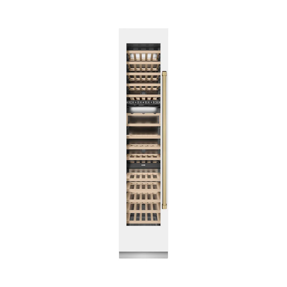 ZLINE Autograph Edition 18 in. 9.0 cu. ft. Triple Zone 68 Bottle Left Hinge Column Wine Cooler in White Matte with Champagne Bronze Accents (RCWVLZ-WM-18-CB) - Image 4