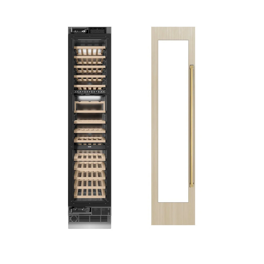 ZLINE Autograph Edition 18 in. 9.0 cu. ft. Triple Zone 68 Bottle Panel Ready Left Hinge Column Wine Cooler with Polished Gold Accents (RBCWVLZ-18-G) - Image 3
