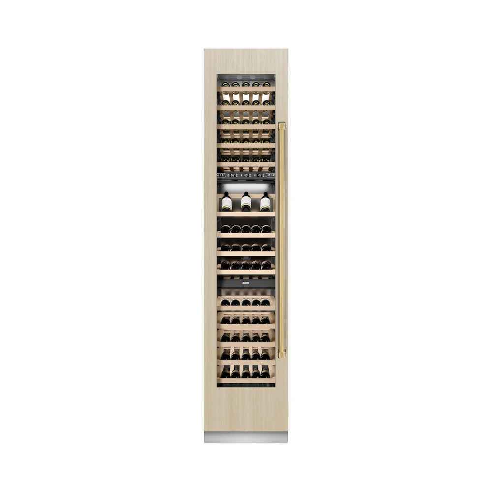 ZLINE Autograph Edition 18 in. 9.0 cu. ft. Triple Zone 68 Bottle Panel Ready Left Hinge Column Wine Cooler with Polished Gold Accents (RBCWVLZ-18-G) - Image 8