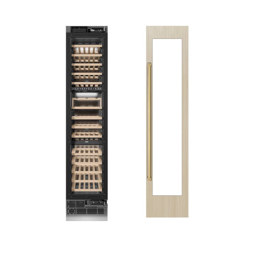 ZLINE Autograph Edition 18 in. 9.0 cu. ft. Triple Zone 68 Bottle Panel Ready Right Hinge Column Wine Cooler with Polished Gold Accents (RBCWVRZ-18-G) - Image 3