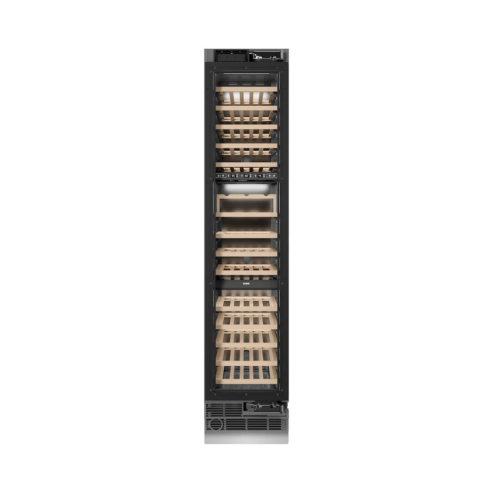 ZLINE Autograph Edition 18 in. 9.0 cu. ft. Triple Zone 68 Bottle Panel Ready Right Hinge Column Wine Cooler with Polished Gold Accents (RBCWVRZ-18-G) - Image 5