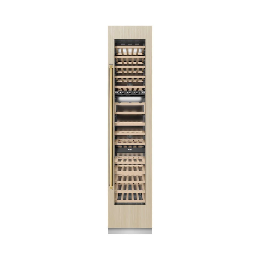 ZLINE Autograph Edition 18 in. 9.0 cu. ft. Triple Zone 68 Bottle Panel Ready Right Hinge Column Wine Cooler with Polished Gold Accents (RBCWVRZ-18-G) - Image 7