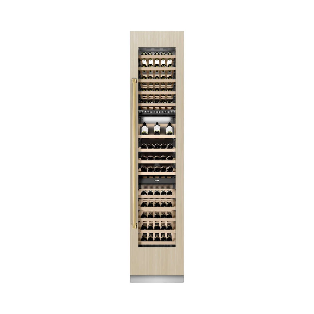 ZLINE Autograph Edition 18 in. 9.0 cu. ft. Triple Zone 68 Bottle Panel Ready Right Hinge Column Wine Cooler with Polished Gold Accents (RBCWVRZ-18-G) - Image 8