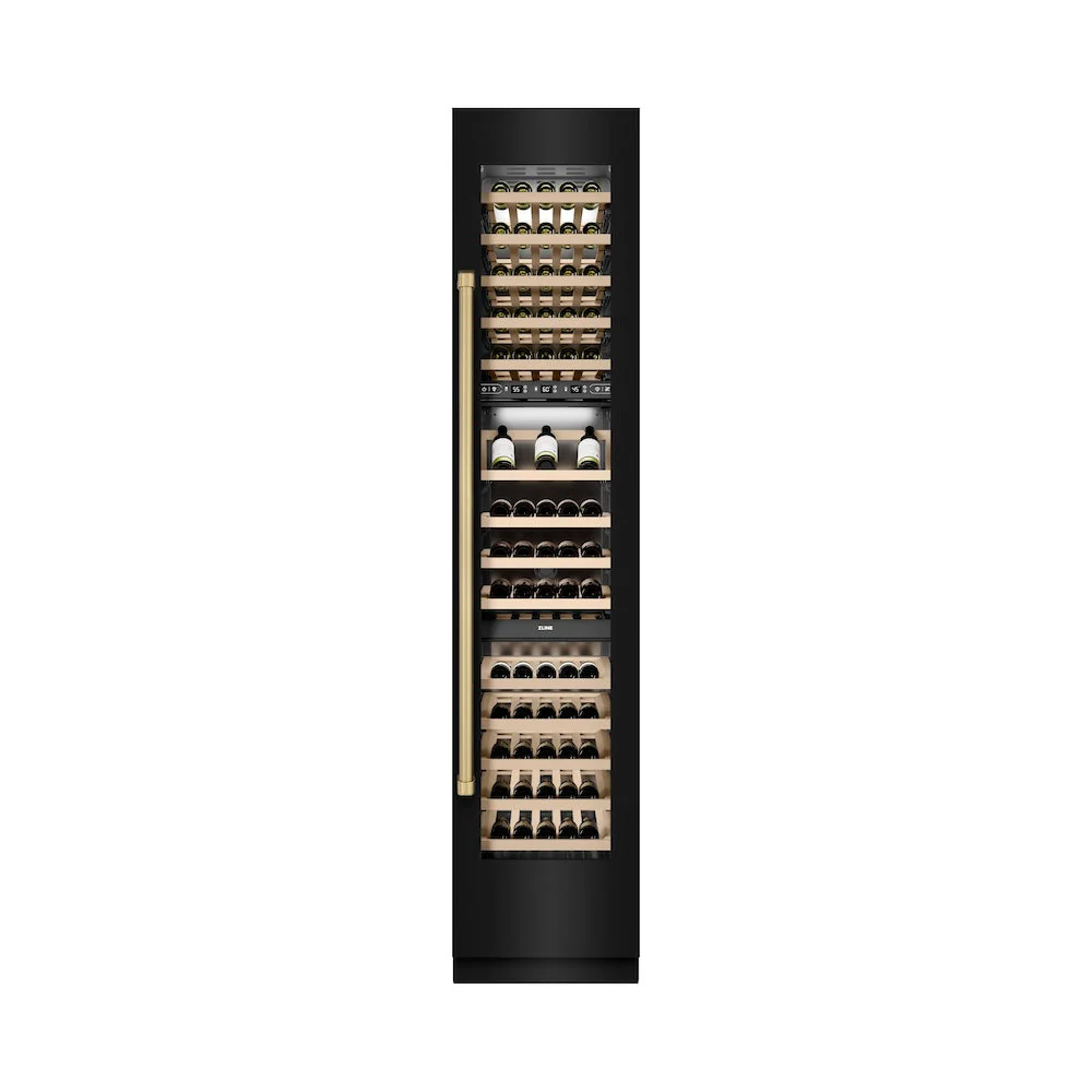 ZLINE Autograph Edition 18 in. 9.0 cu. ft. Triple Zone 68 Bottle Right Hinge Column Wine Cooler in Black Stainless Steel with Champagne Bronze Accents (RCWVRZ-BS-18-CB) - Image 2