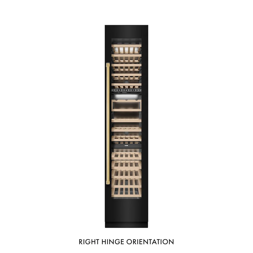 ZLINE Autograph Edition 18 in. 9.0 cu. ft. Triple Zone 68 Bottle Right Hinge Column Wine Cooler in Black Stainless Steel with Polished Gold Accents (RCWVRZ-BS-18-G) - Image 5