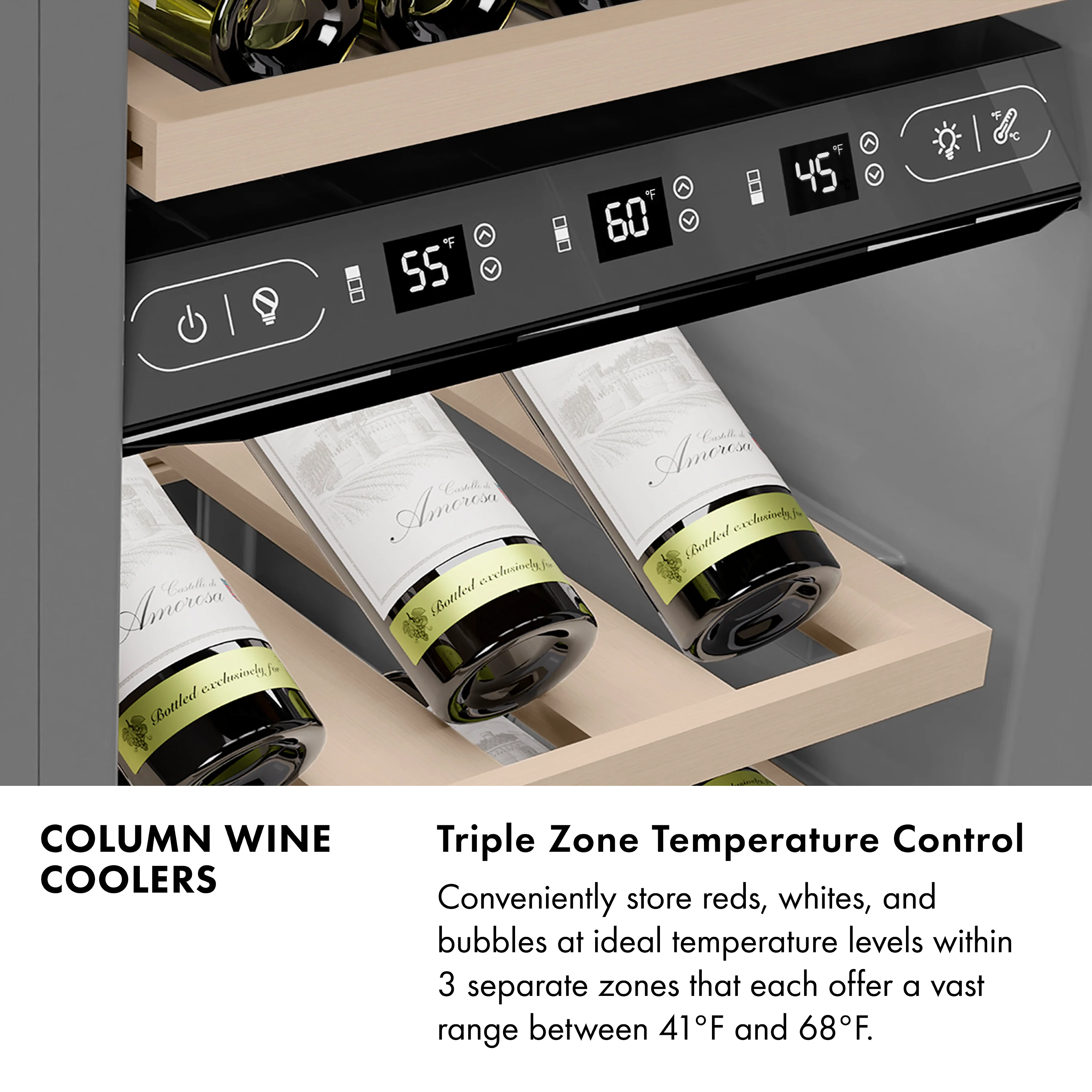 ZLINE Autograph Edition 18 in. 9.0 cu. ft. Triple Zone 68 Bottle Right Hinge Column Wine Cooler in Satin Stainless Steel with Champagne Bronze Accents (RCWVRZ-SN-18-CB) - Image 10