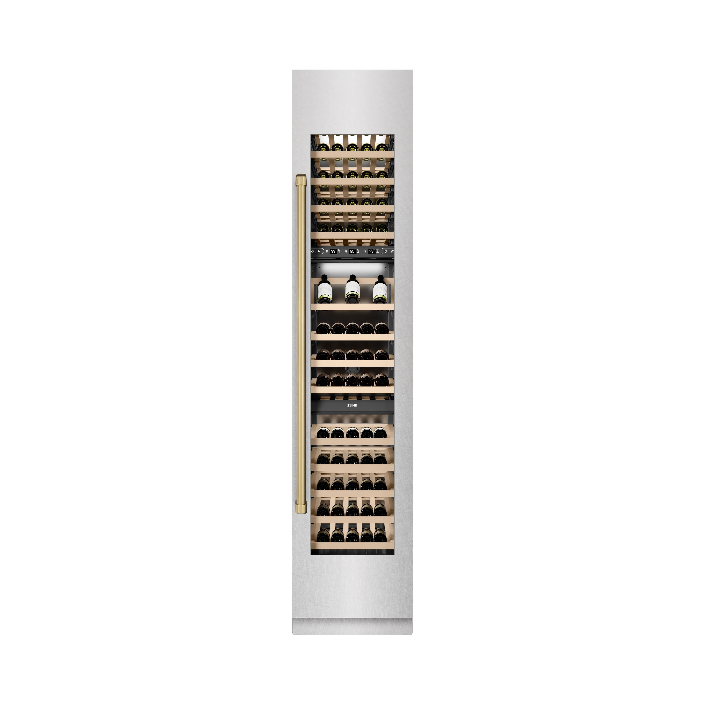 ZLINE Autograph Edition 18 in. 9.0 cu. ft. Triple Zone 68 Bottle Right Hinge Column Wine Cooler in Satin Stainless Steel with Champagne Bronze Accents (RCWVRZ-SN-18-CB) - Image 5