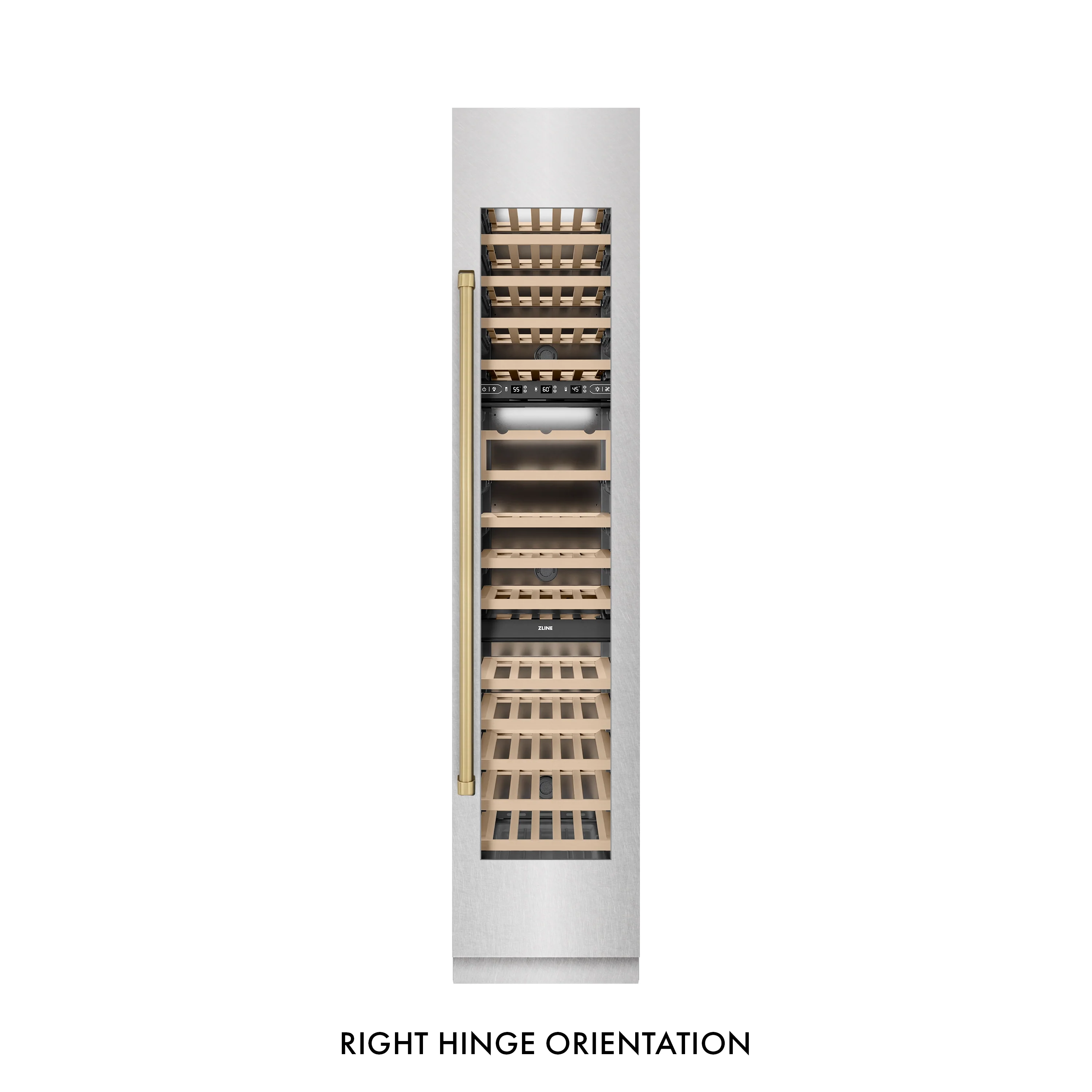 ZLINE Autograph Edition 18 in. 9.0 cu. ft. Triple Zone 68 Bottle Right Hinge Column Wine Cooler in Satin Stainless Steel with Champagne Bronze Accents (RCWVRZ-SN-18-CB) - Image 6