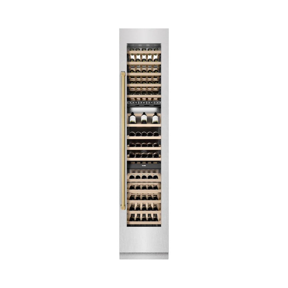 ZLINE Autograph Edition 18 in. 9.0 cu. ft. Triple Zone 68 Bottle Right Hinge Column Wine Cooler in Satin Stainless Steel with Polished Gold Accents (RCWVRZ-SN-18-G) - Image 2