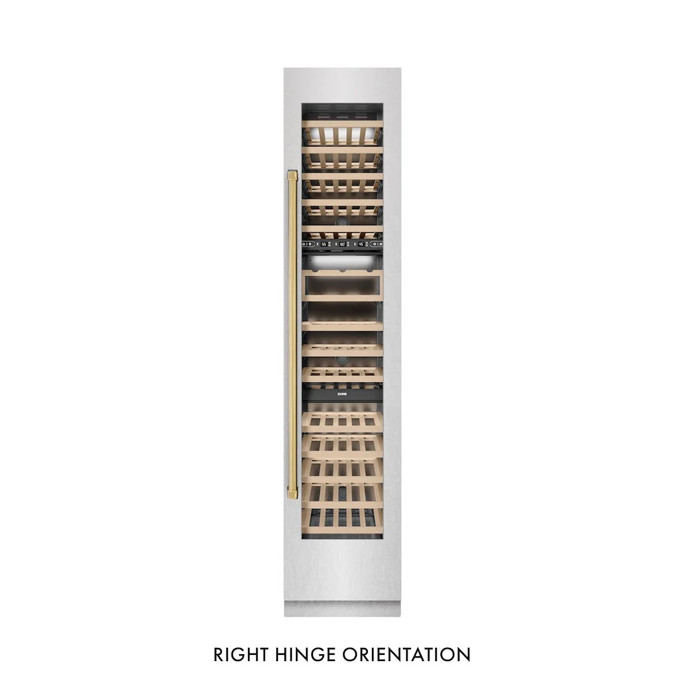 ZLINE Autograph Edition 18 in. 9.0 cu. ft. Triple Zone 68 Bottle Right Hinge Column Wine Cooler in Satin Stainless Steel with Polished Gold Accents (RCWVRZ-SN-18-G) - Image 6