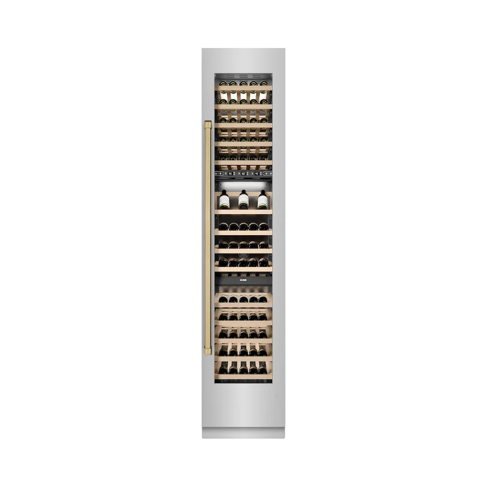 ZLINE Autograph Edition 18 in. 9.0 cu. ft. Triple Zone 68 Bottle Right Hinge Column Wine Cooler in Stainless Steel with Champagne Bronze Accents (RCWVRZ-30418-CB) - Image 2
