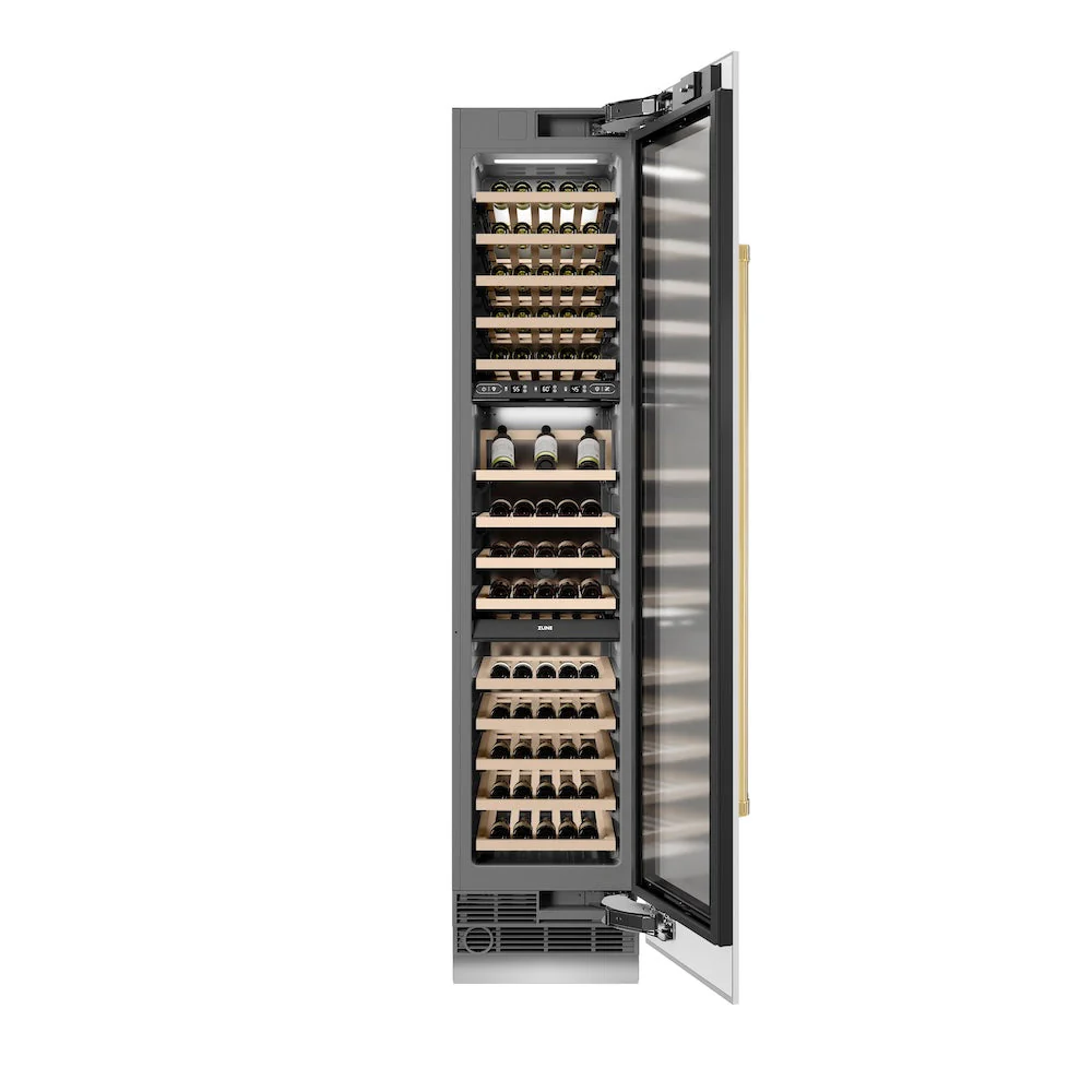 ZLINE Autograph Edition 18 in. 9.0 cu. ft. Triple Zone 68 Bottle Right Hinge Column Wine Cooler in White Matte with Polished Gold Accents (RCWVRZ-WM-18-G) - Image 3