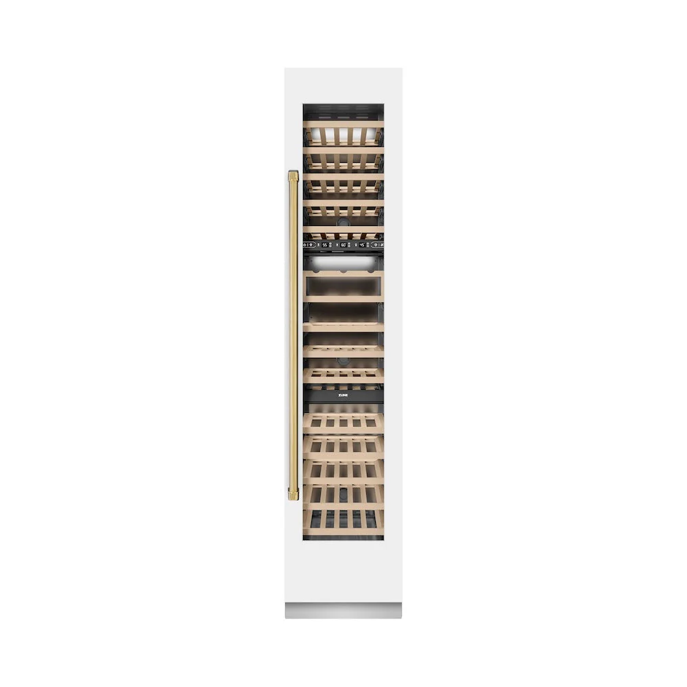 ZLINE Autograph Edition 18 in. 9.0 cu. ft. Triple Zone 68 Bottle Right Hinge Column Wine Cooler in White Matte with Polished Gold Accents (RCWVRZ-WM-18-G) - Image 4