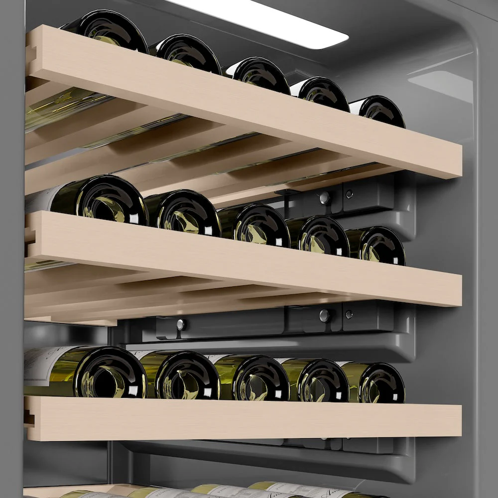 ZLINE Autograph Edition 18 in. 9.0 cu. ft. Triple Zone 68 Bottle Right Hinge Column Wine Cooler in White Matte with Polished Gold Accents (RCWVRZ-WM-18-G) - Image 7