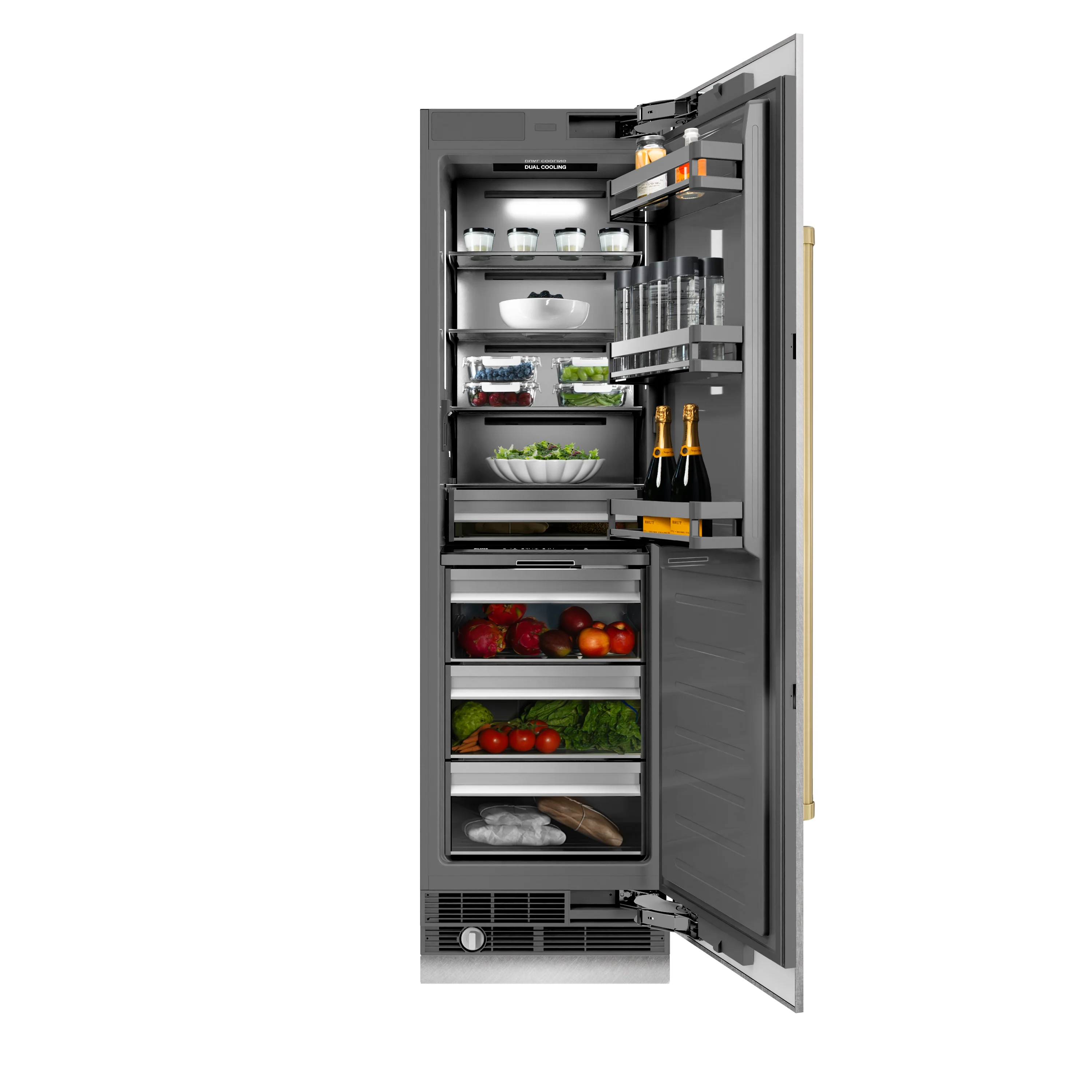 ZLINE Autograph Edition 24 in. 12.5 cu. ft. Column Refrigerator in Satin Stainless Steel with Graphite Gray Interior and Champagne Bronze Accents (RCRVZ-SN-24-CB) - Image 4