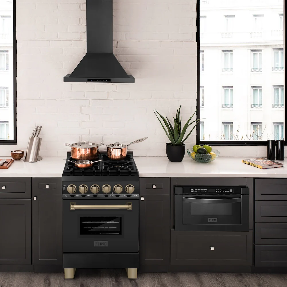 ZLINE Autograph Edition 24 in. 2.8 cu. ft. Legacy Dual Fuel Range with 4 Burner Gas Cooktop and Electric Convection Oven in Black Stainless Steel and Champagne Bronze Accents, Open Box-Great Condition - Image 15