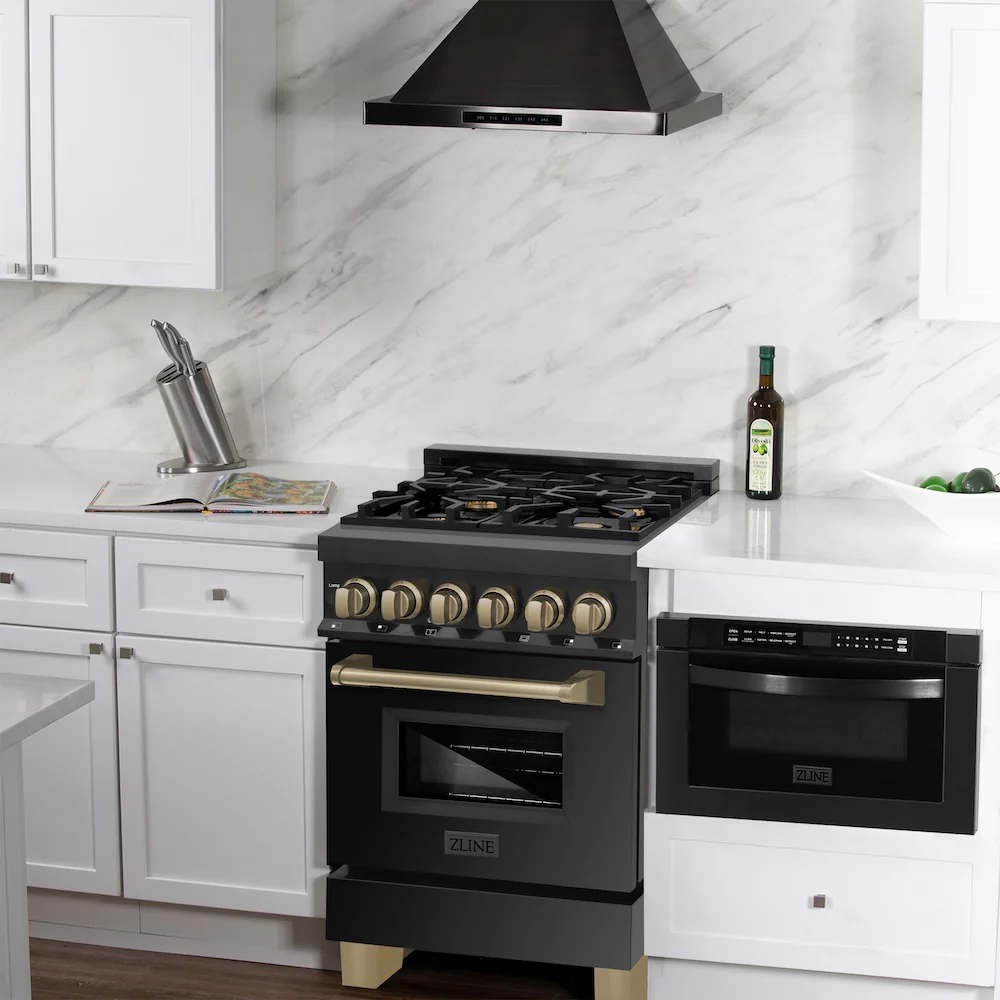 ZLINE Autograph Edition 24 in. 2.8 cu. ft. Legacy Dual Fuel Range with 4 Burner Gas Cooktop and Electric Convection Oven in Black Stainless Steel and Champagne Bronze Accents, Open Box-Great Condition - Image 3