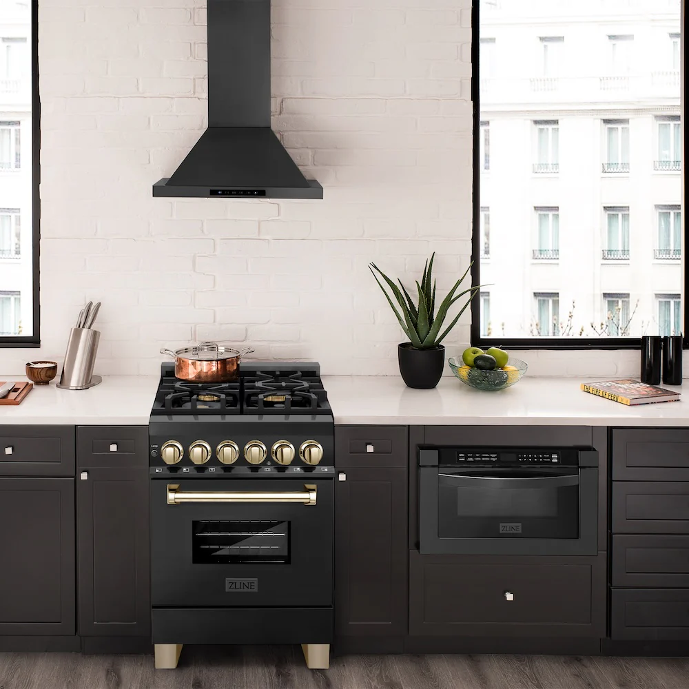 ZLINE Autograph Edition 24 in. 2.8 cu. ft. Legacy Dual Fuel Range with 4 Burner Gas Cooktop and Electric Convection Oven in Black Stainless Steel and Polished Gold Accents, Open Box-Great Condition - Image 3