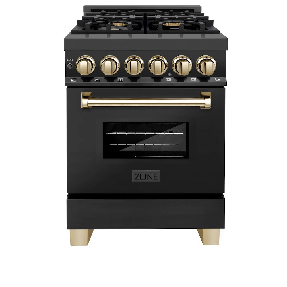 ZLINE Autograph Edition 24 in. 2.8 cu. ft. Legacy Dual Fuel Range with 4 Burner Gas Cooktop and Electric Convection Oven in Black Stainless Steel and Polished Gold Accents, Open Box-Great Condition - Image 4