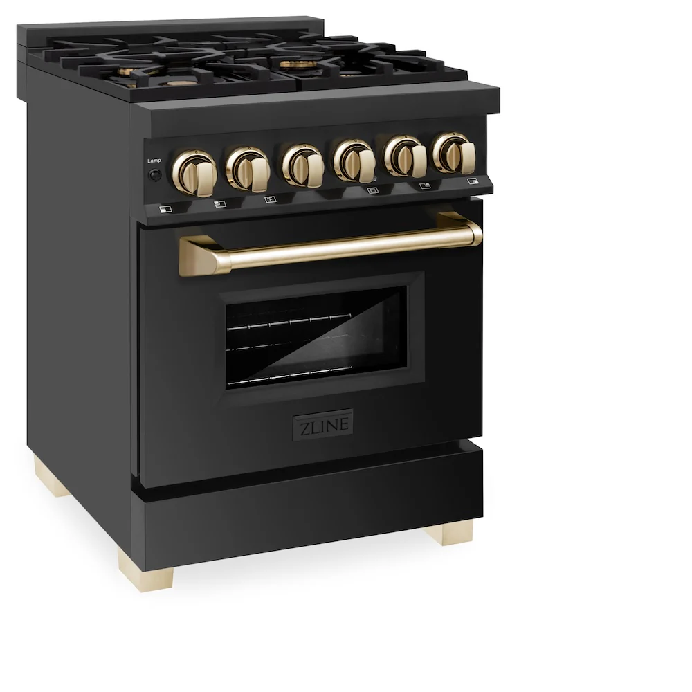 ZLINE Autograph Edition 24 in. 2.8 cu. ft. Legacy Dual Fuel Range with 4 Burner Gas Cooktop and Electric Convection Oven in Black Stainless Steel and Polished Gold Accents, Open Box-Great Condition - Image 5