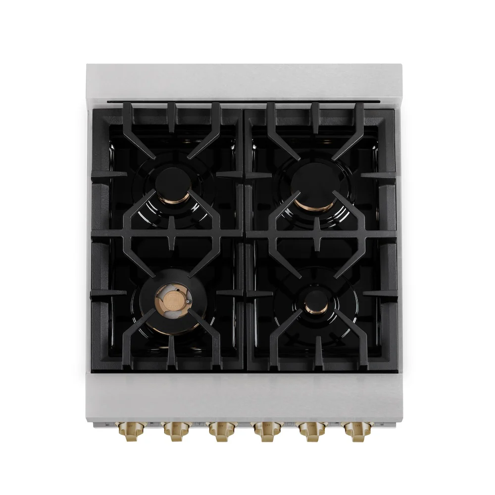 ZLINE Autograph Edition 24 in. 2.8 cu. ft. Legacy Dual Fuel Range with 4 Burner Gas Cooktop and Electric Convection Oven in Satin Stainless Steel and Champagne Bronze Accents, Open Box-Great Condition - Image 2