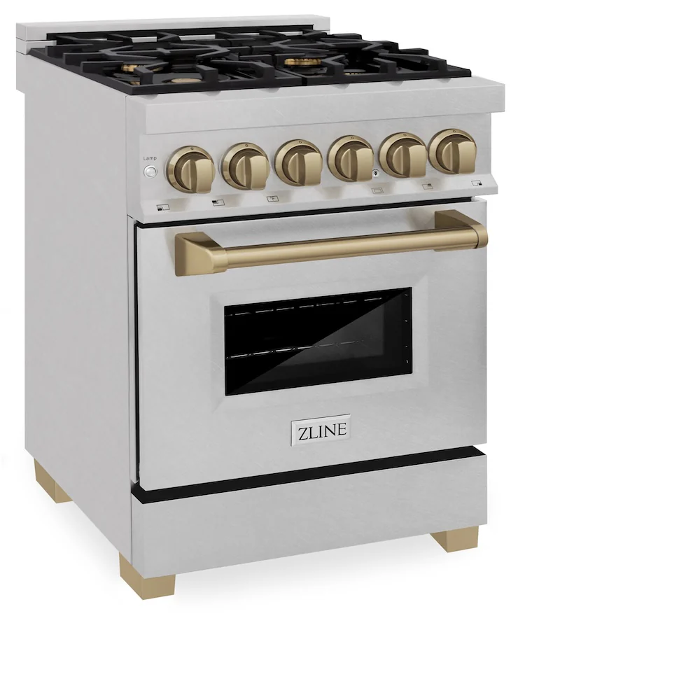 ZLINE Autograph Edition 24 in. 2.8 cu. ft. Legacy Dual Fuel Range with 4 Burner Gas Cooktop and Electric Convection Oven in Satin Stainless Steel and Champagne Bronze Accents, Open Box-Great Condition - Image 5