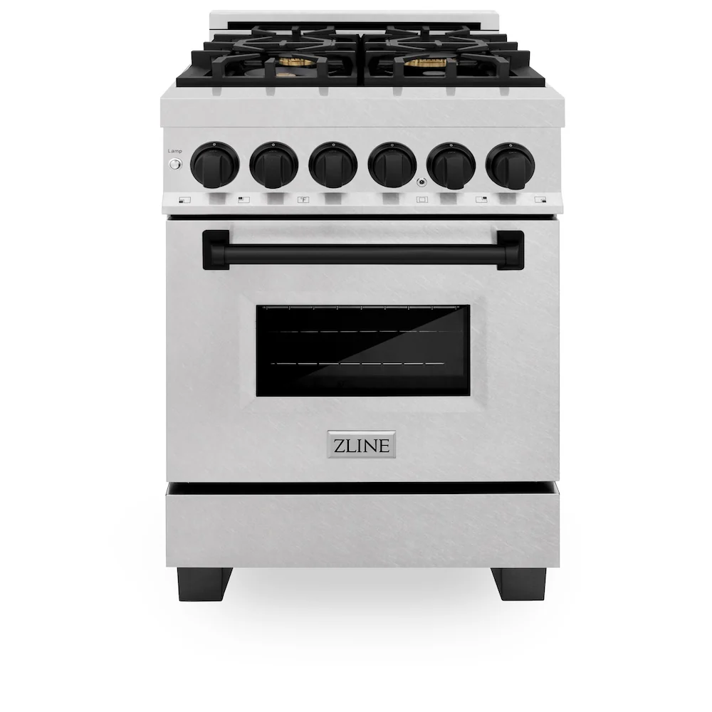 ZLINE Autograph Edition 24 in. 2.8 cu. ft. Legacy Dual Fuel Range with 4 Burner Gas Cooktop and Electric Convection Oven in Satin Stainless Steel and Matte Black Accents, Open Box-Great Condition - Image 4