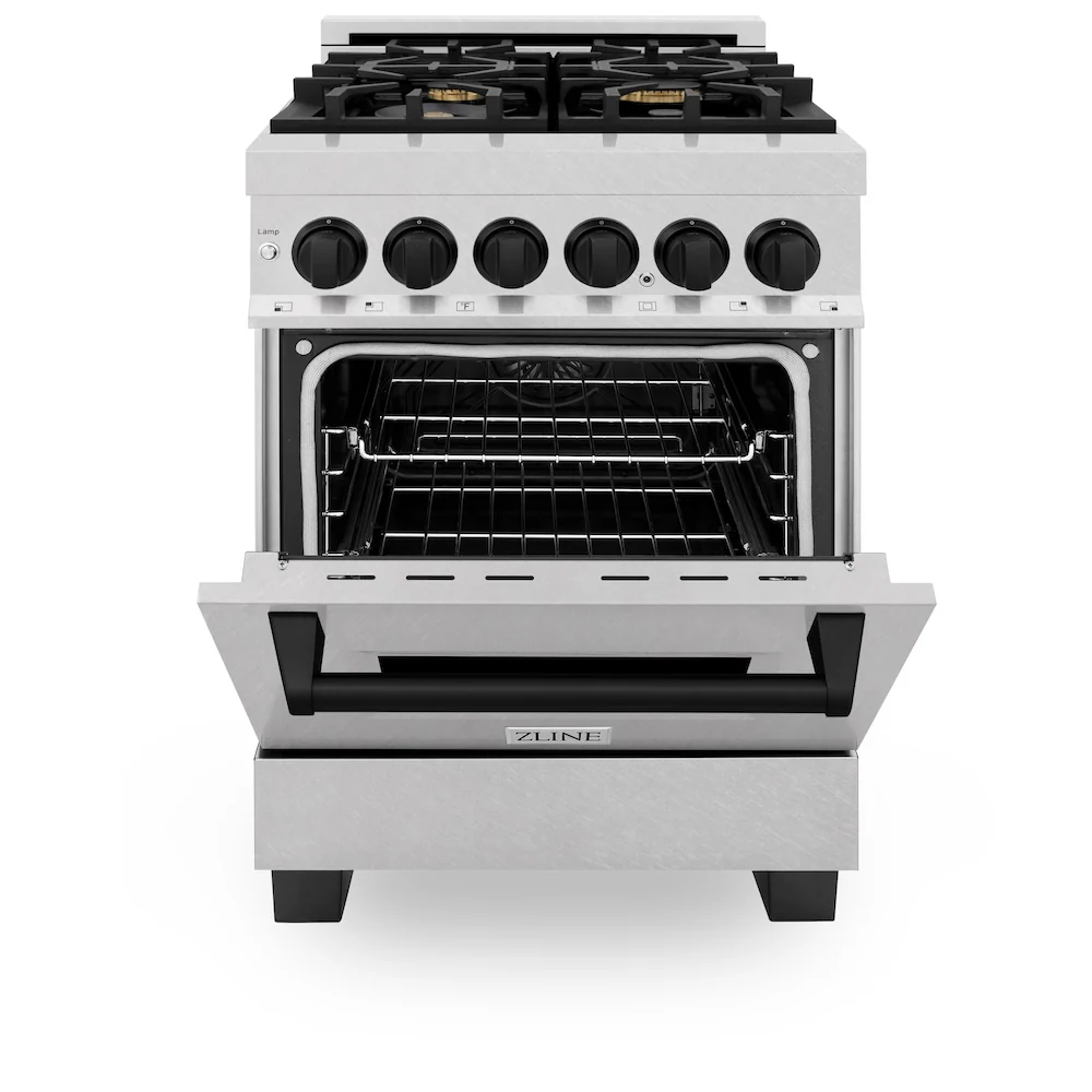 ZLINE Autograph Edition 24 in. 2.8 cu. ft. Legacy Dual Fuel Range with 4 Burner Gas Cooktop and Electric Convection Oven in Satin Stainless Steel and Matte Black Accents, Open Box-Great Condition - Image 5