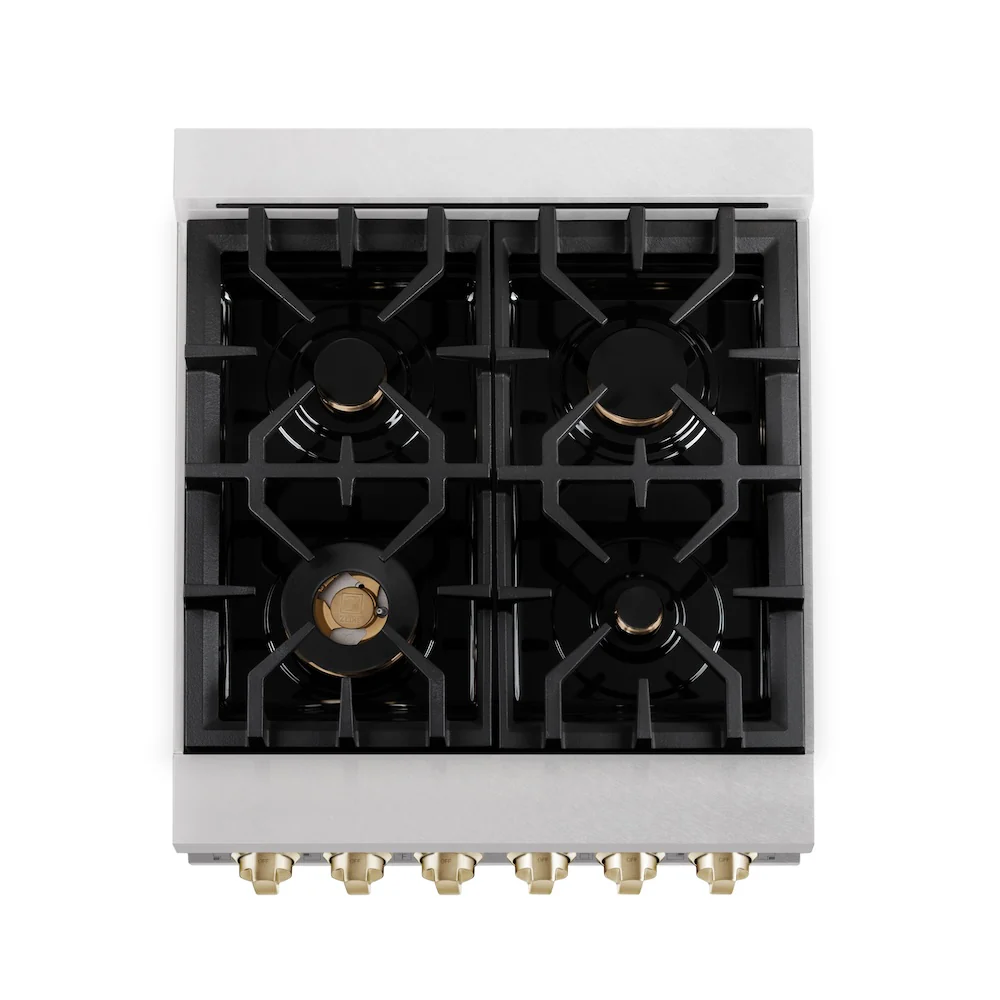 ZLINE Autograph Edition 24 in. 2.8 cu. ft. Legacy Dual Fuel Range with 4 Burner Gas Cooktop and Electric Convection Oven in Satin Stainless Steel and Polished Gold Accents, Open Box-Great Condition - Image 2
