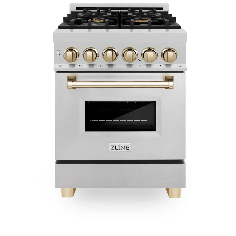 ZLINE Autograph Edition 24 in. 2.8 cu. ft. Legacy Dual Fuel Range with 4 Burner Gas Cooktop and Electric Convection Oven in Satin Stainless Steel and Polished Gold Accents, Open Box-Great Condition - Image 4