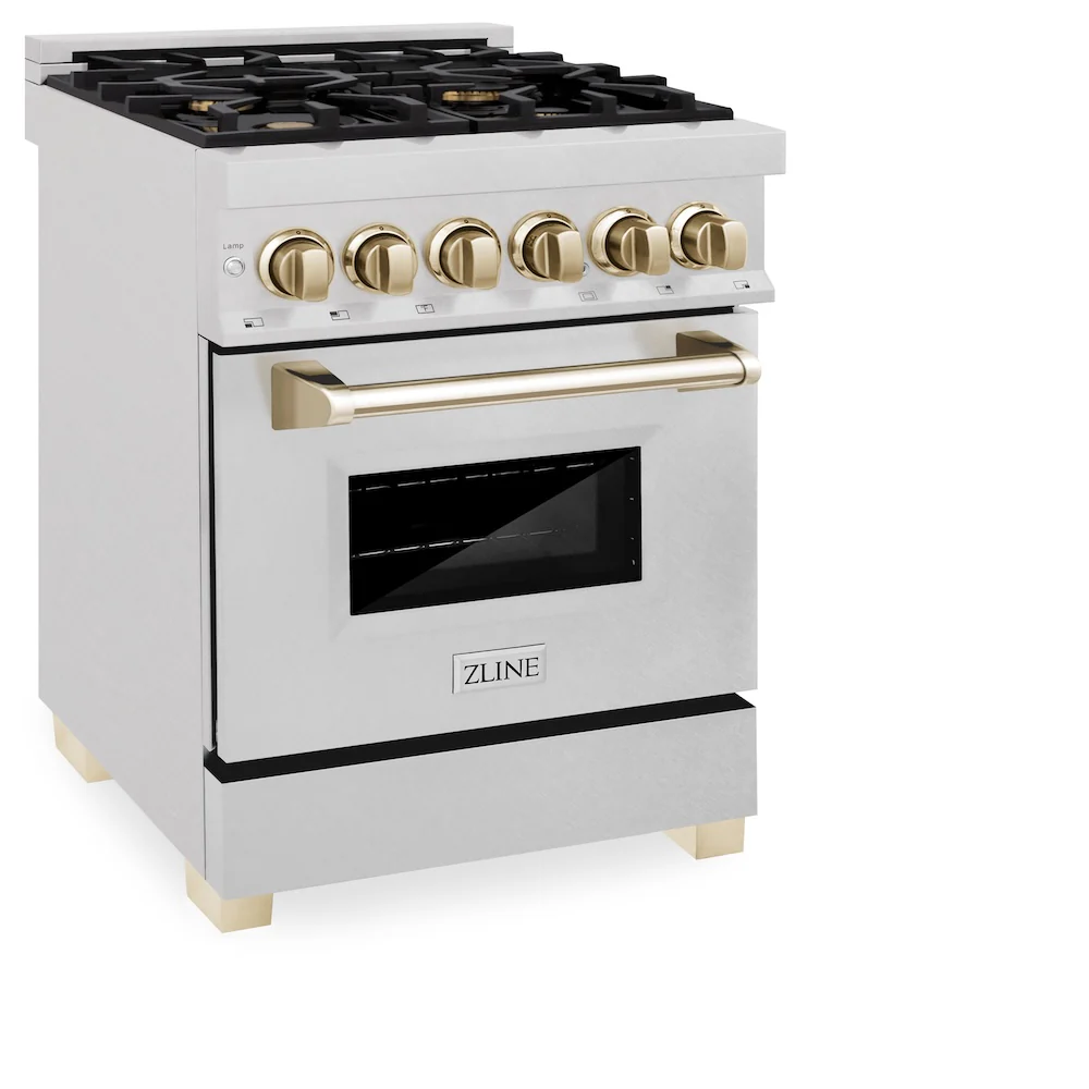 ZLINE Autograph Edition 24 in. 2.8 cu. ft. Legacy Dual Fuel Range with 4 Burner Gas Cooktop and Electric Convection Oven in Satin Stainless Steel and Polished Gold Accents, Open Box-Great Condition - Image 5