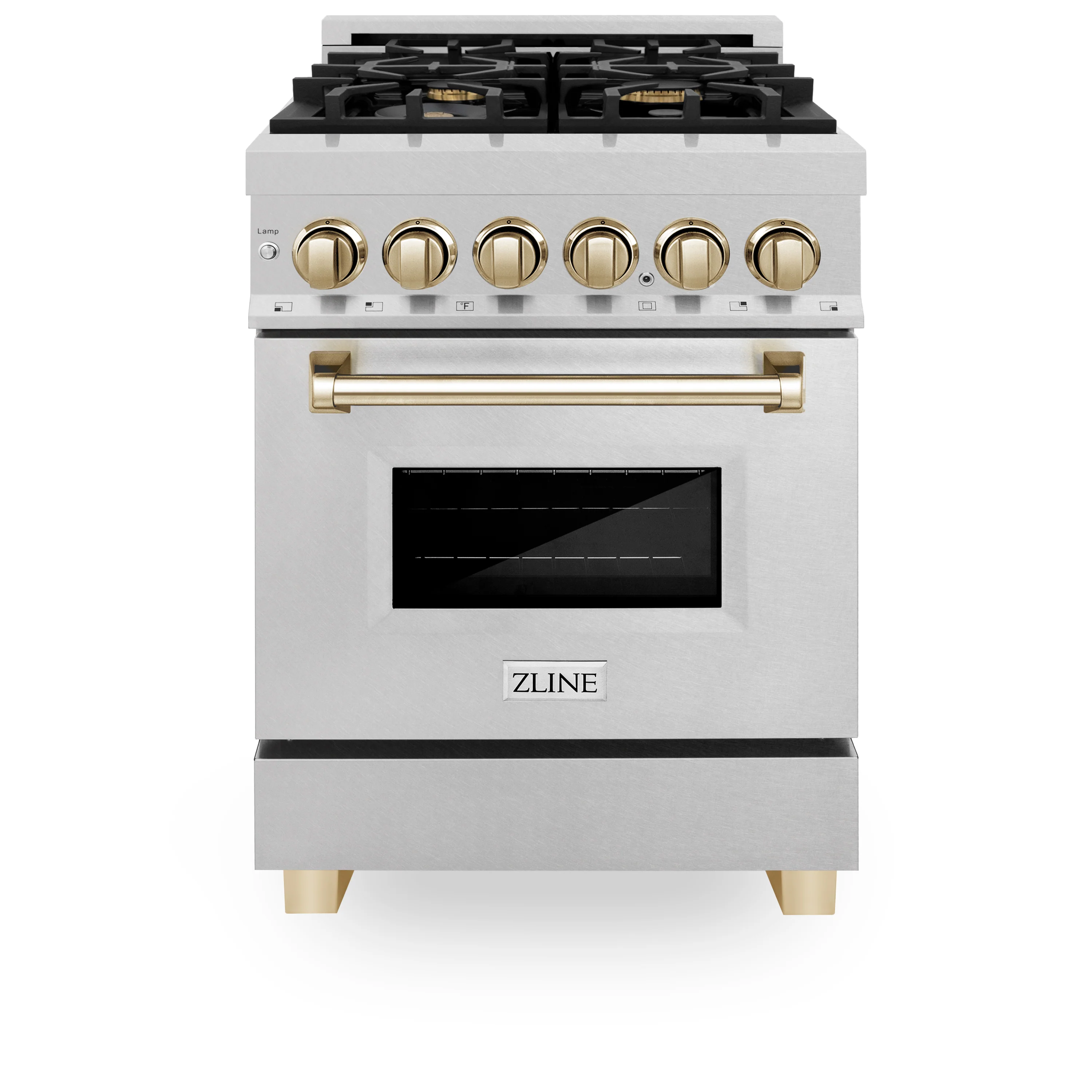 ZLINE Autograph Edition 24 in. 2.8 cu. ft. Legacy Dual Fuel Range with 4 Burner Gas Cooktop and Electric Convection Oven in Satin Stainless Steel and Polished Gold Accents (RASZ-SN-24-G) - Image 4