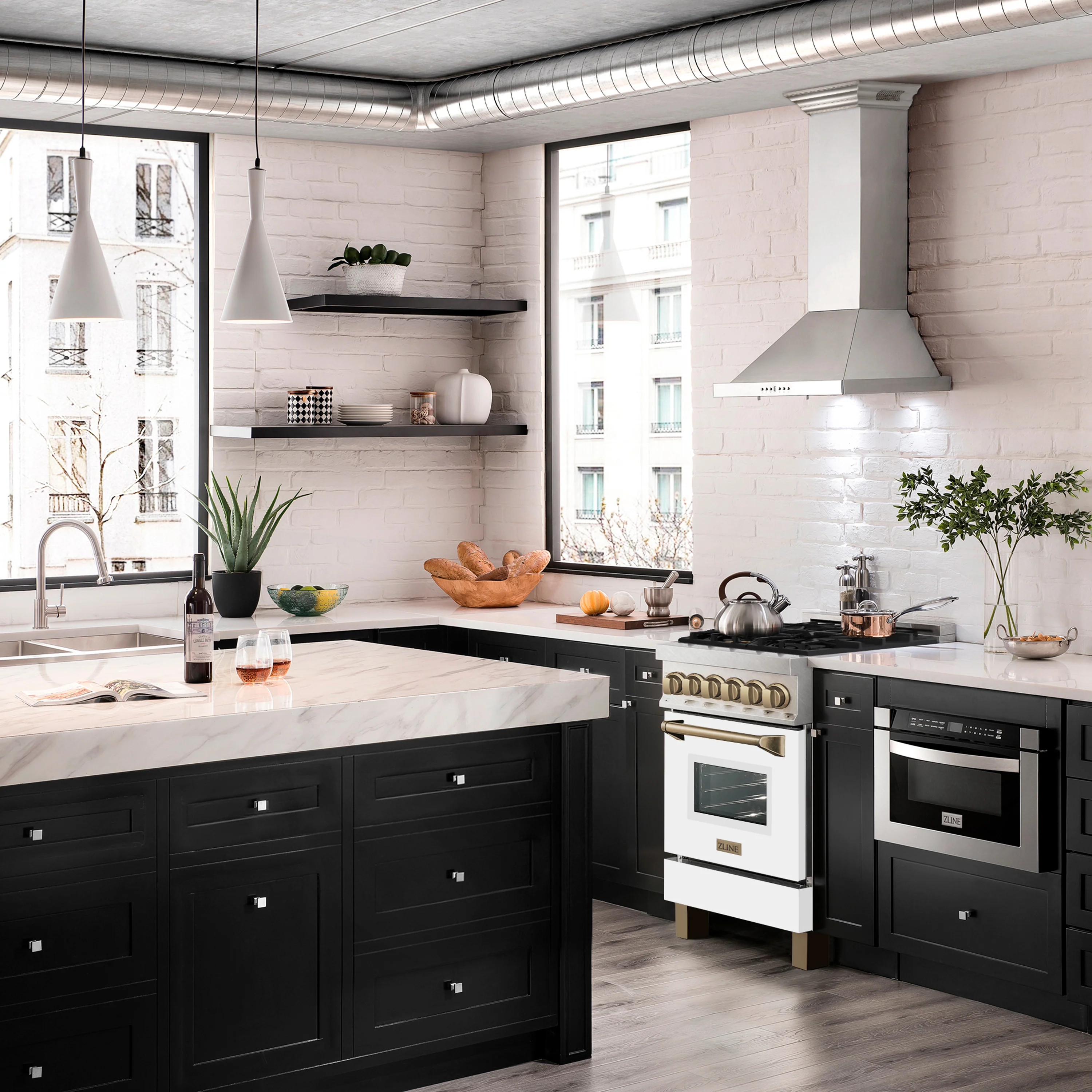 ZLINE Autograph Edition 24 in. 2.8 cu. ft. Legacy Dual Fuel Range with 4 Burner Gas Cooktop and Electric Convection Oven in Satin Stainless Steel with White Matte Door and Champagne Bronze Accents (RASZ-WM-24-CB) - Image 2