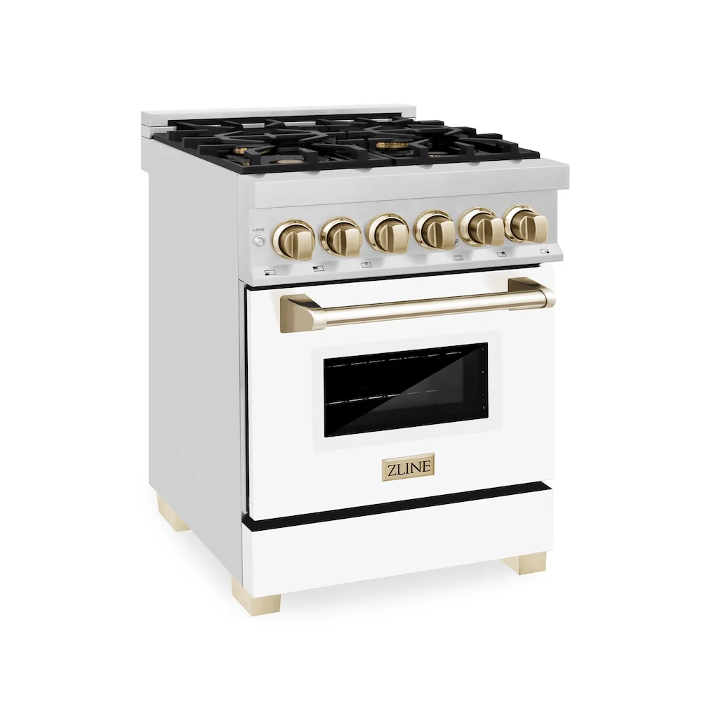 ZLINE Autograph Edition 24 in. 2.8 cu. ft. Legacy Dual Fuel Range with 4 Burner Gas Cooktop and Electric Convection Oven in Satin Stainless Steel with White Matte Door and Polished Gold Accents, Open Box-Great Condition