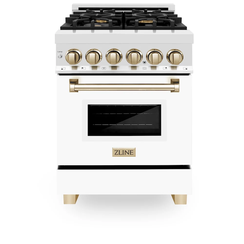 ZLINE Autograph Edition 24 in. 2.8 cu. ft. Legacy Dual Fuel Range with 4 Burner Gas Cooktop and Electric Convection Oven in Satin Stainless Steel with White Matte Door and Polished Gold Accents, Open Box-Great Condition - Image 4