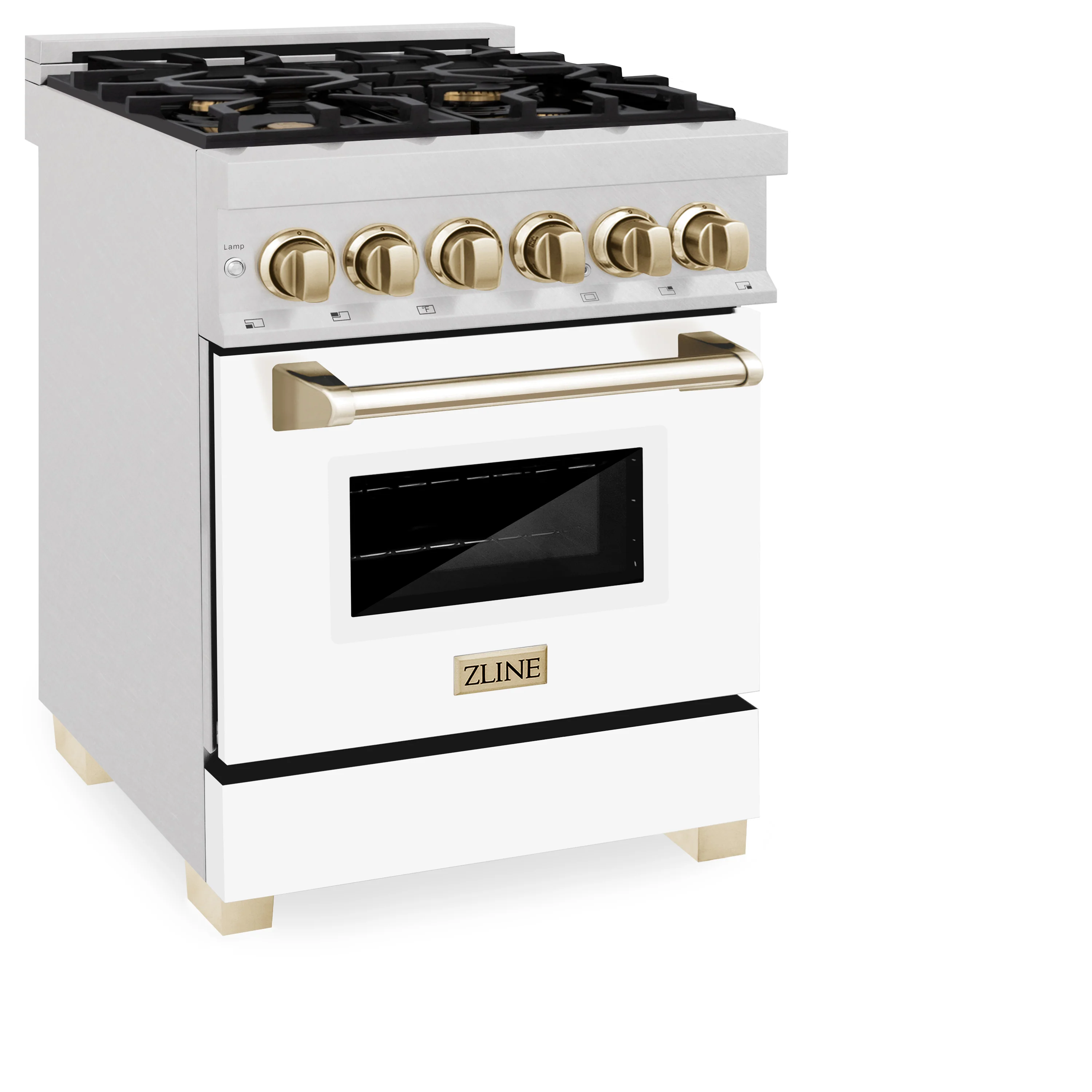 ZLINE Autograph Edition 24 in. 2.8 cu. ft. Legacy Dual Fuel Range with 4 Burner Gas Cooktop and Electric Convection Oven in Satin Stainless Steel with White Matte Door and Polished Gold Accents (RASZ-WM-24-G) - Image 3