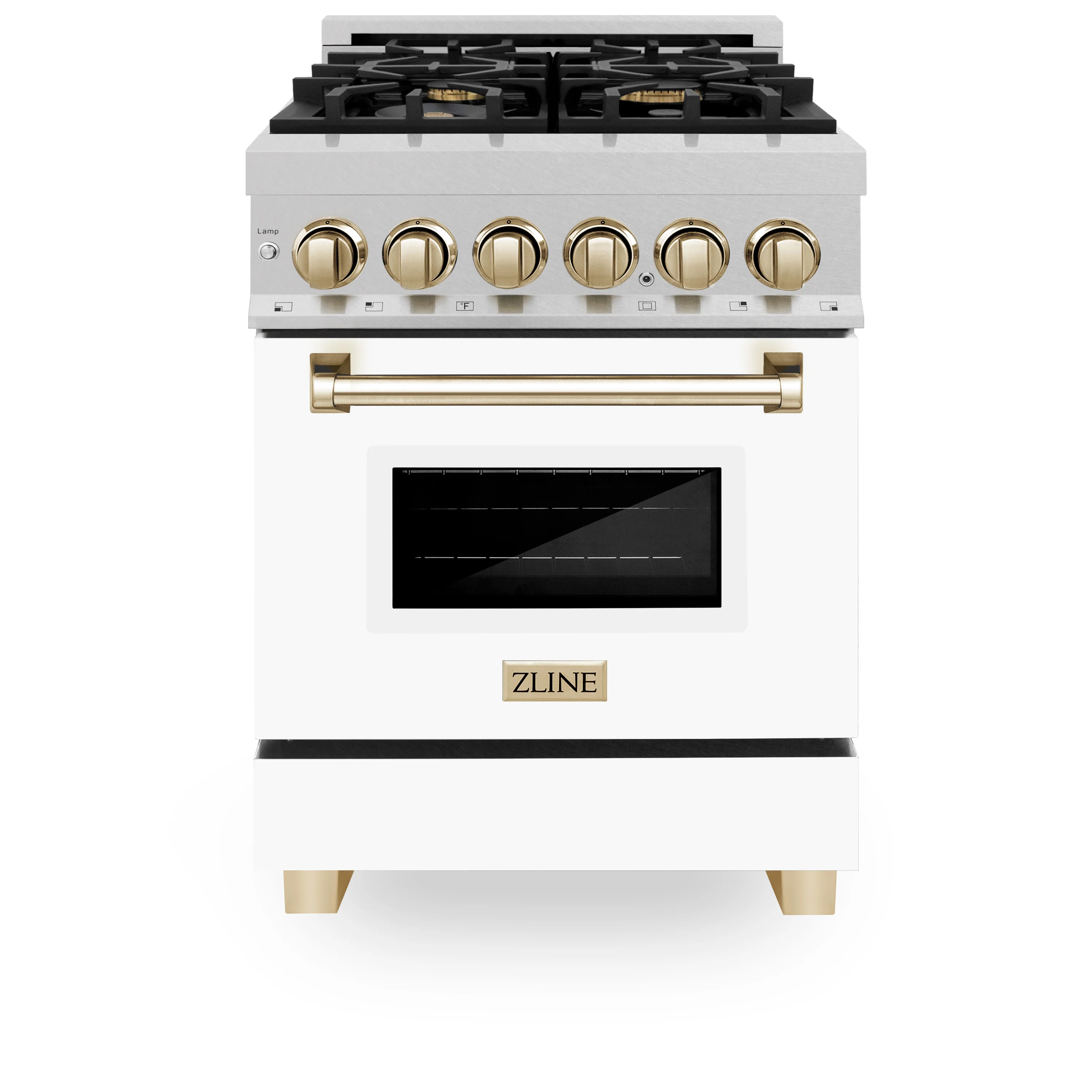 ZLINE Autograph Edition 24 in. 2.8 cu. ft. Legacy Dual Fuel Range with 4 Burner Gas Cooktop and Electric Convection Oven in Satin Stainless Steel with White Matte Door and Polished Gold Accents (RASZ-WM-24-G) - Image 4