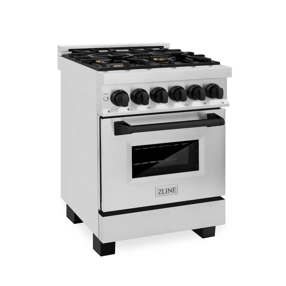 ZLINE Autograph Edition 24 in. 2.8 cu. ft. Legacy Dual Fuel Range with 4 Burner Gas Cooktop and Electric Convection Oven in Stainless Steel and Matte Black Accents, Open Box-Great Condition