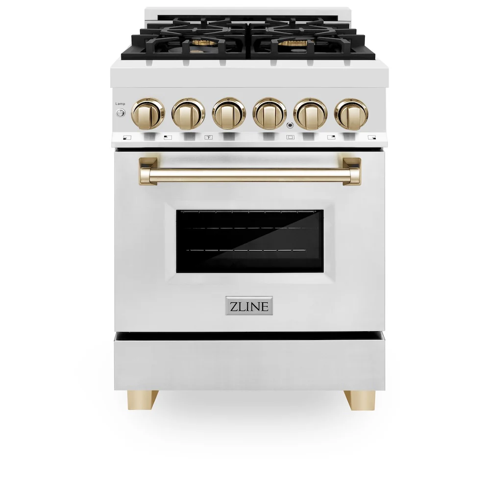 ZLINE Autograph Edition 24 in. 2.8 cu. ft. Legacy Dual Fuel Range with 4 Burner Gas Cooktop and Electric Convection Oven in Stainless Steel and Polished Gold Accents, Open Box-Great Condition - Image 4
