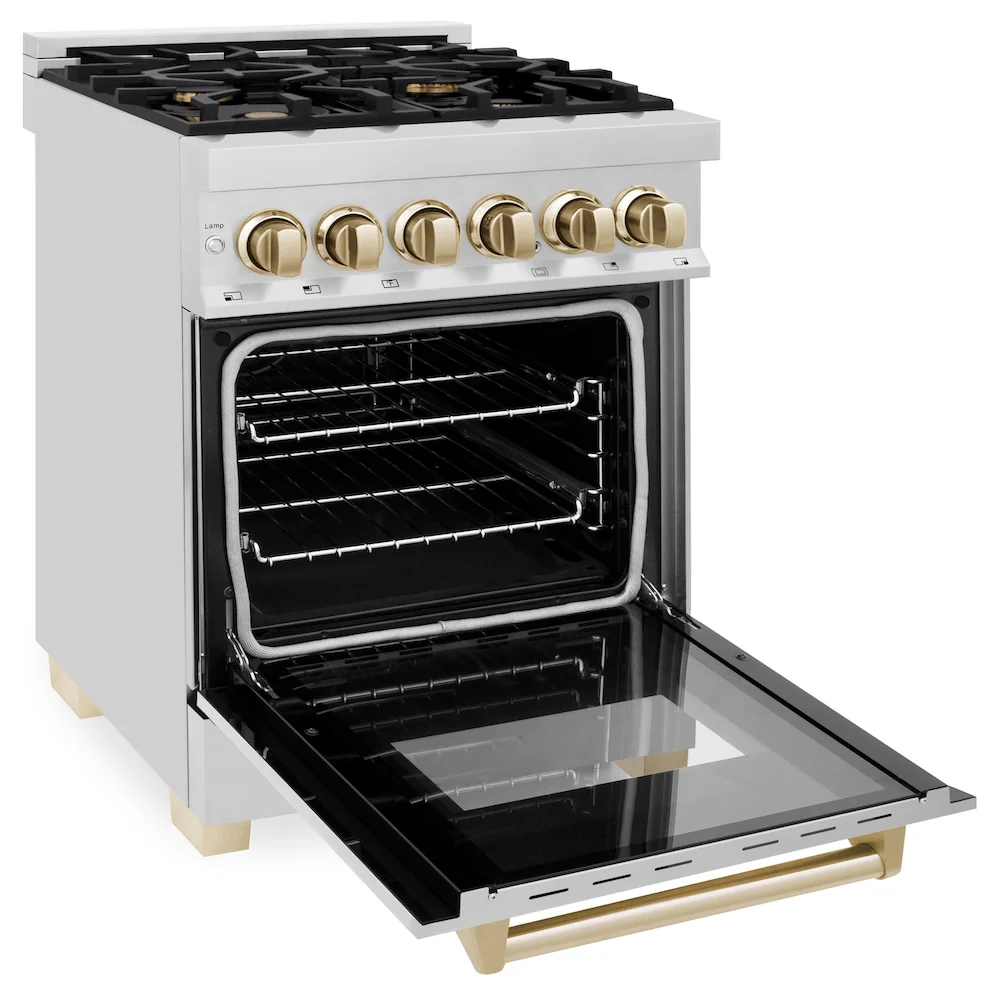 ZLINE Autograph Edition 24 in. 2.8 cu. ft. Legacy Dual Fuel Range with 4 Burner Gas Cooktop and Electric Convection Oven in Stainless Steel and Polished Gold Accents, Open Box-Great Condition - Image 7