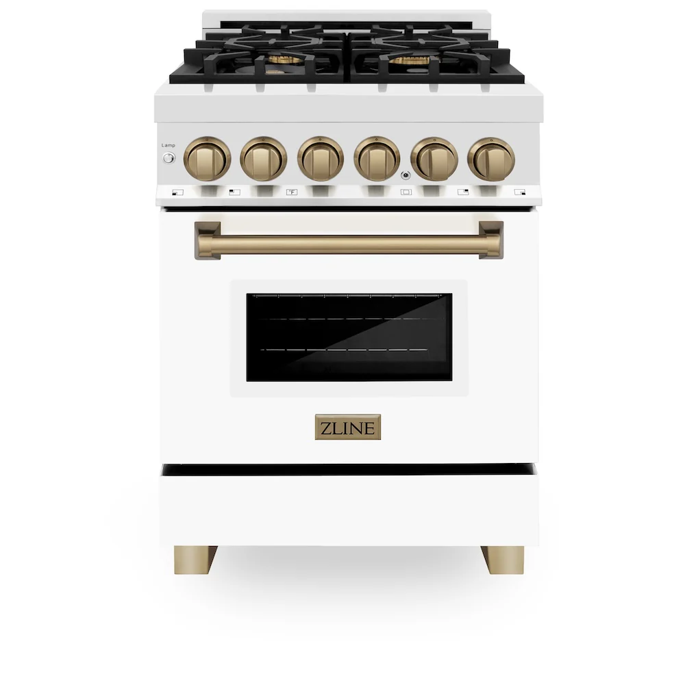 ZLINE Autograph Edition 24 in. 2.8 cu. ft. Legacy Dual Fuel Range with 4 Burner Gas Cooktop and Electric Convection Oven in Stainless Steel with White Matte Door and Champagne Bronze Accents, Open Box-Great Condition - Image 3