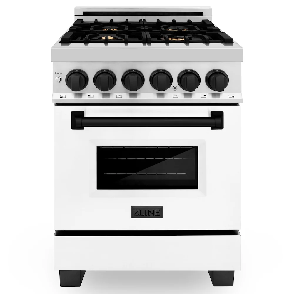 ZLINE Autograph Edition 24 in. 2.8 cu. ft. Legacy Dual Fuel Range with 4 Burner Gas Cooktop and Electric Convection Oven in Stainless Steel with White Matte Door and Matte Black Accents, Open Box-Great Condition - Image 3