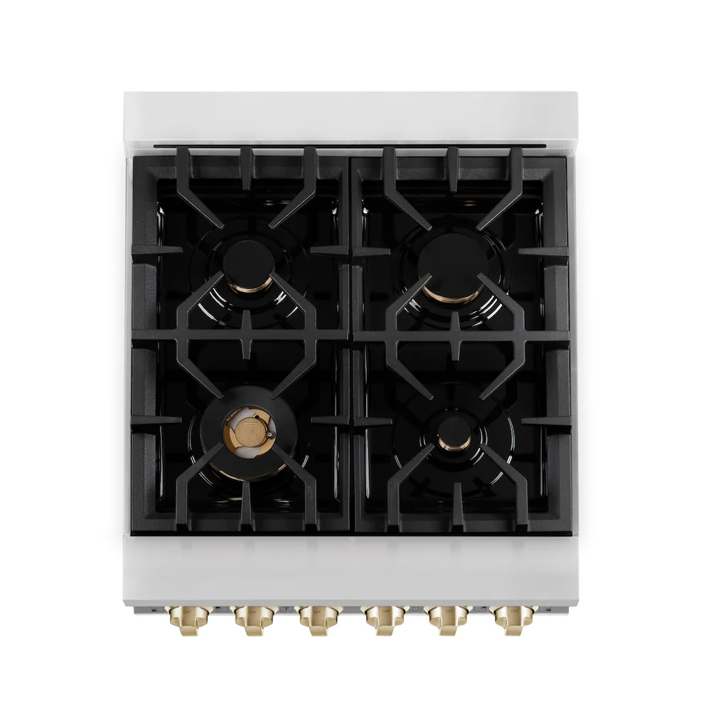 ZLINE Autograph Edition 24 in. 2.8 cu. ft. Legacy Dual Fuel Range with 4 Burner Gas Cooktop and Electric Convection Oven in Stainless Steel with White Matte Door and Polished Gold Accents, Open Box-Great Condition - Image 3