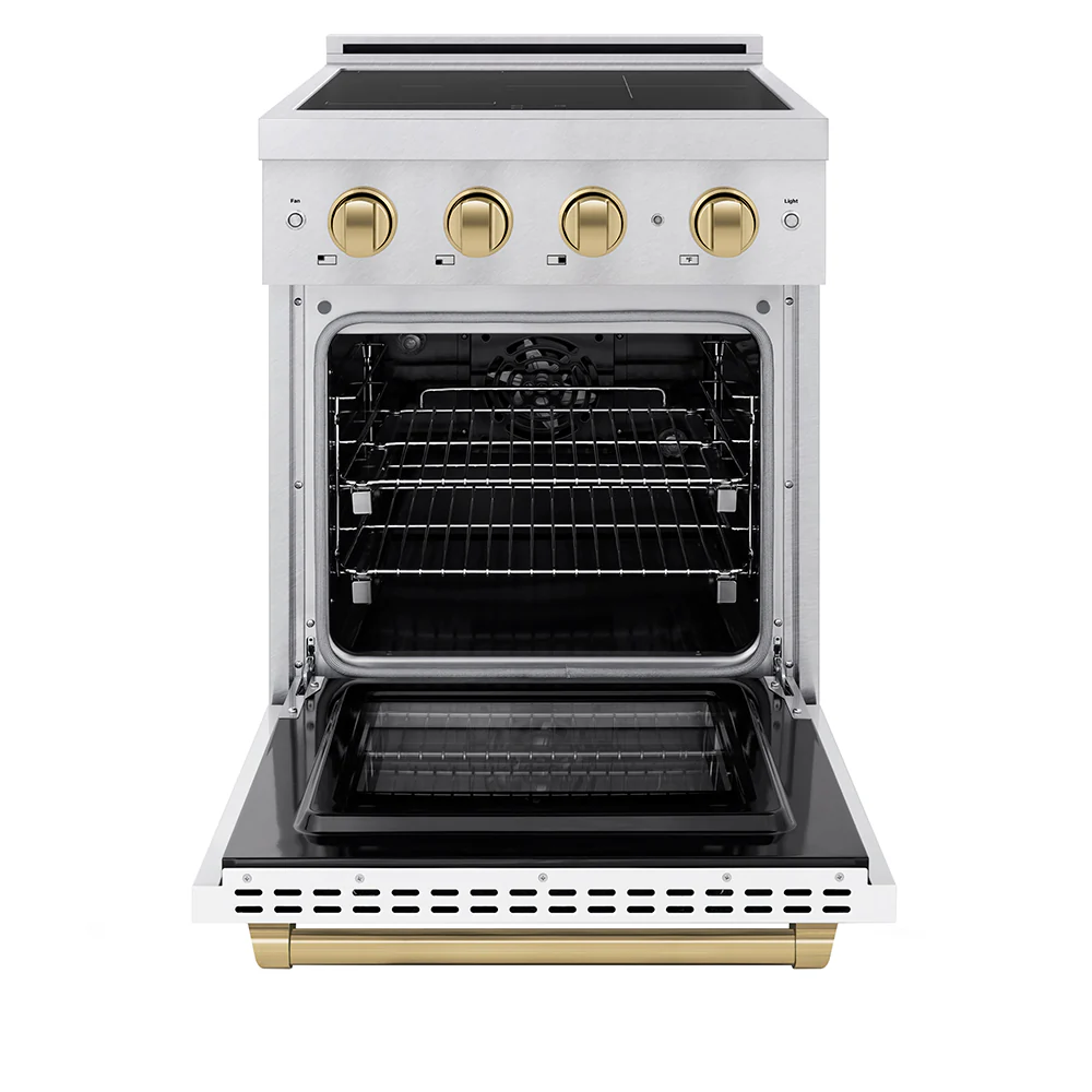 ZLINE Autograph Edition 24 in. 3.2 cu. ft. Paramount Induction Range with 3 Element Cooktop and Electric Convection Oven in Satin Stainless Steel with White Matte Door and Champagne Bronze Accents (SINRSZ-WM-24-CB) - Image 3