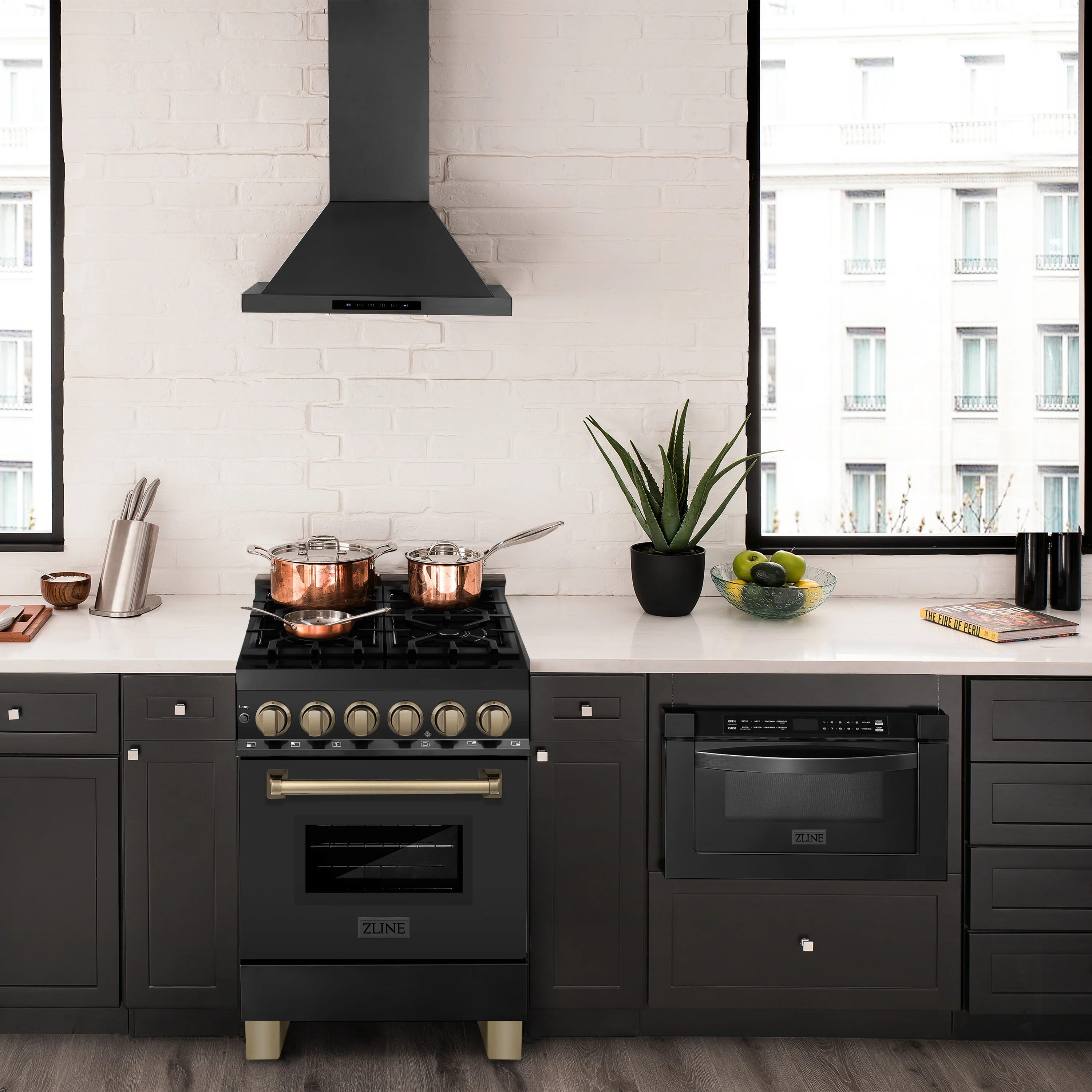 ZLINE Autograph Edition 24 in. 2.8 cu. ft. Legacy Dual Fuel Range with 4 Burner Gas Cooktop and Electric Convection Oven in Black Stainless Steel and Champagne Bronze Accents (RABZ-24-CB) - Image 2