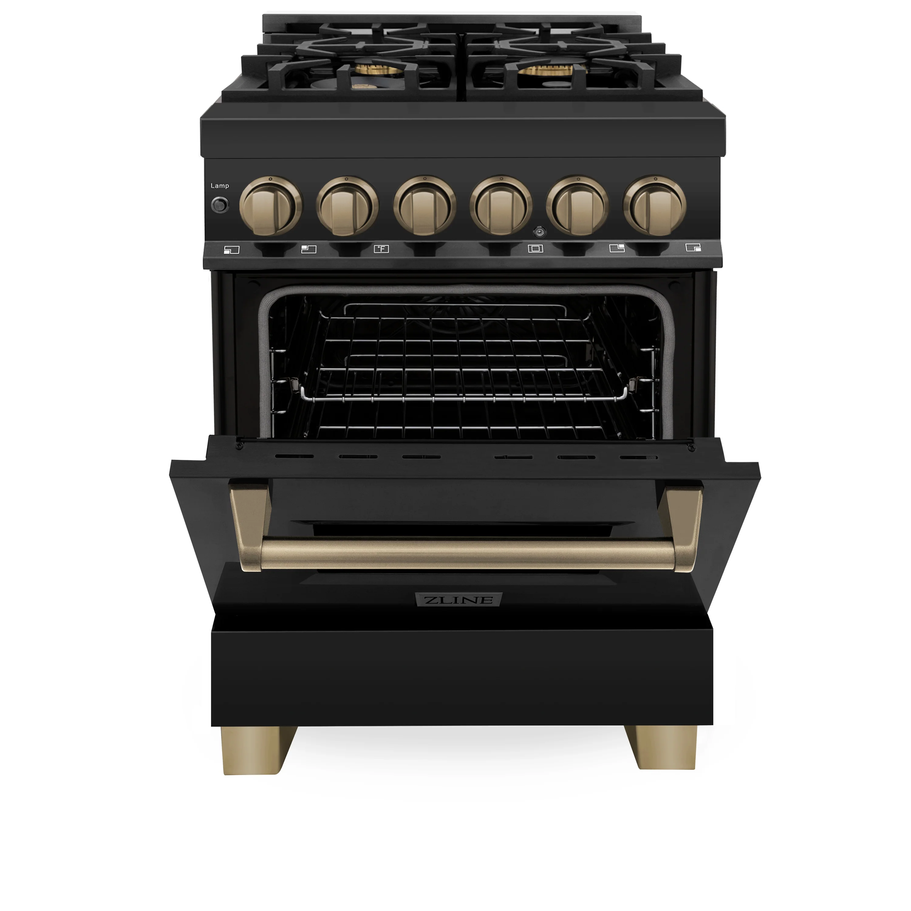 ZLINE Autograph Edition 24 in. 2.8 cu. ft. Legacy Dual Fuel Range with 4 Burner Gas Cooktop and Electric Convection Oven in Black Stainless Steel and Champagne Bronze Accents (RABZ-24-CB) - Image 4